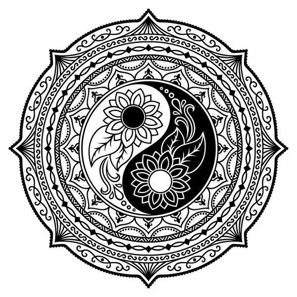 Hena tatoo mandaly. Dekorativní symbol Jin Jang. Mehndi styl. — Stockový vektor