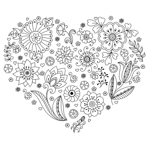 Padrão de flor vetorial. Doodle estilo, primavera fundo floral. Na forma de um coração . —  Vetores de Stock