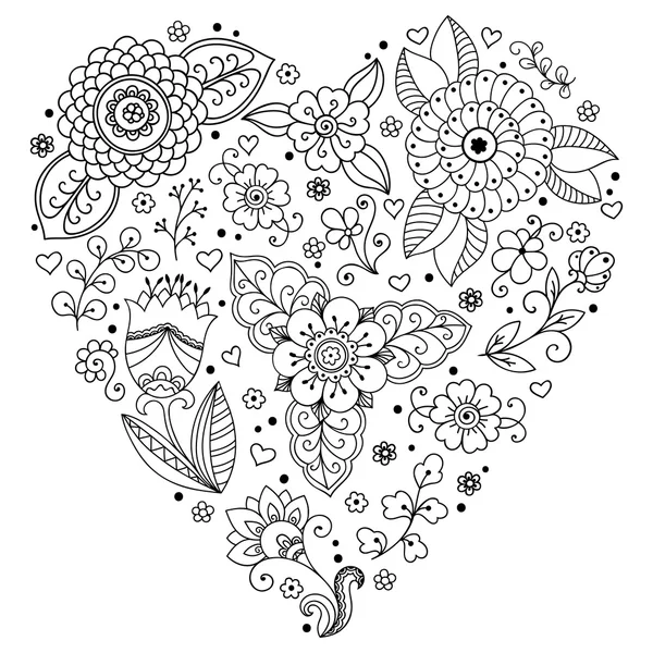 Vector flower pattern. Doodle style, spring floral background.In the shape of a heart. — Stock Vector