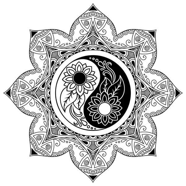 Tatoo mandala de henna. Símbolo decorativo Yin-yang. Estilo Mehndi . — Vector de stock