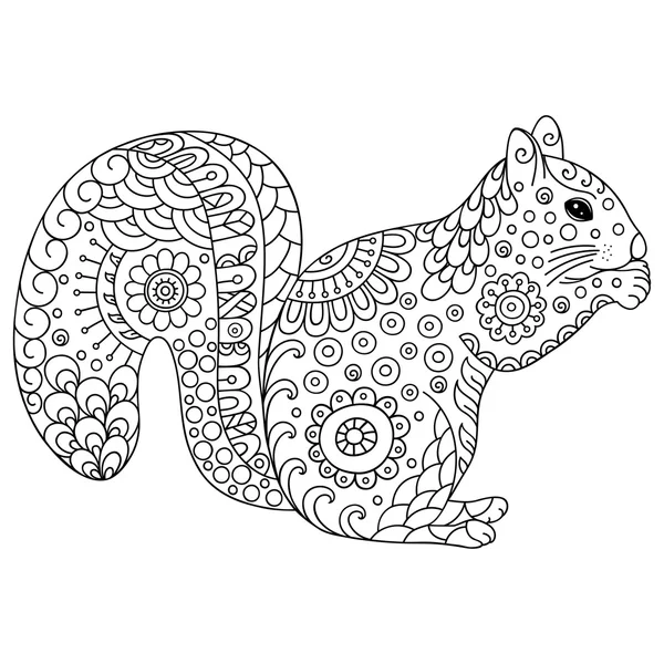 Zentangle의 양식된 다람쥐 책, 포스터, 인쇄 또는 문신 색소에 대 한 스케치. 손으로 그린된 벡터 일러스트 레이 션 동물 낙서. 성인 antistress 색칠 페이지. — 스톡 벡터