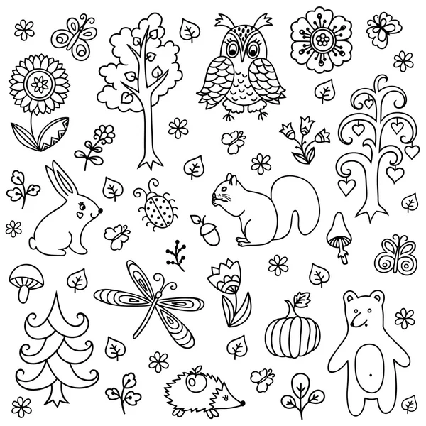 Vektör öğelerinde çocukça Stil, handdrawn hayvan ve böcekler, ağaçlar ve bitkiler doodle. Doodles'ın tarzı tasarım öğesi. Boyama kitabı için desen.