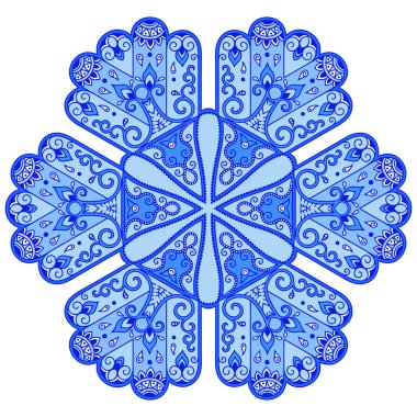 Mavi mandala kar taneleri şeklinde. Soyut kış desen. El yapımı vektör beyaz zemin üzerine mavi. Etnik desen oryantal tarzı.