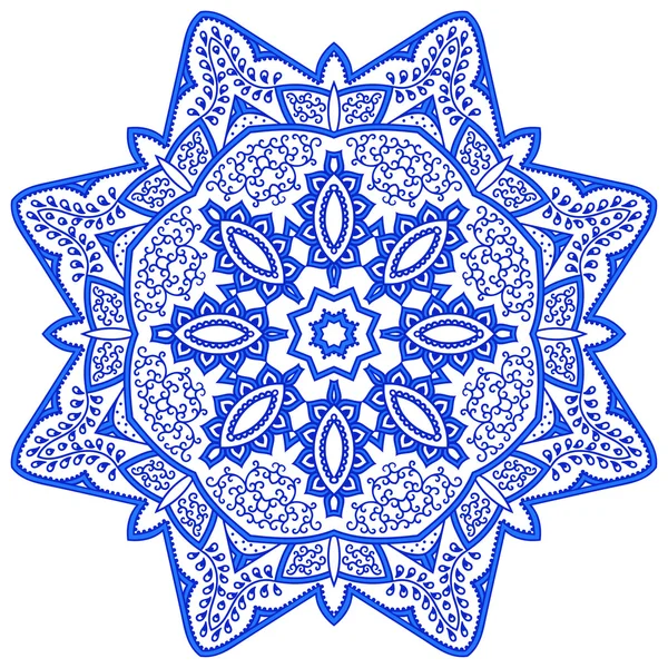 Blauwe mandala in de vorm van sneeuw. Abstracte winter patroon. Handgemaakte Vector blauw op een witte achtergrond. Etnische patroon in oosterse stijl. — Stockvector