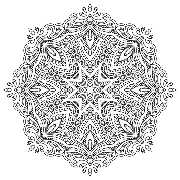 Henna tattoo mandala in mehndi stijl. Patroon voor het kleuren van boek. Hand getrokken vectorillustratie geïsoleerd op een witte achtergrond. Ontwerpelement in Doodles stijl. — Stockvector