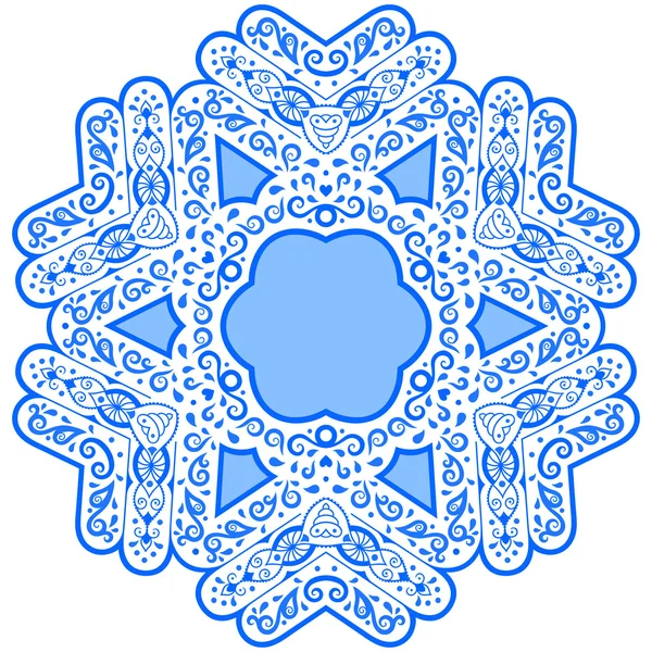 Blauwe mandala in de vorm van sneeuw. Abstracte winter patroon. Handgemaakte Vector blauw op een witte achtergrond. Etnische patroon in oosterse stijl. — Stockvector