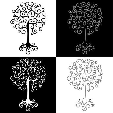 Siyah beyaz ağaçların dekoratif tasarım elemanları seti.