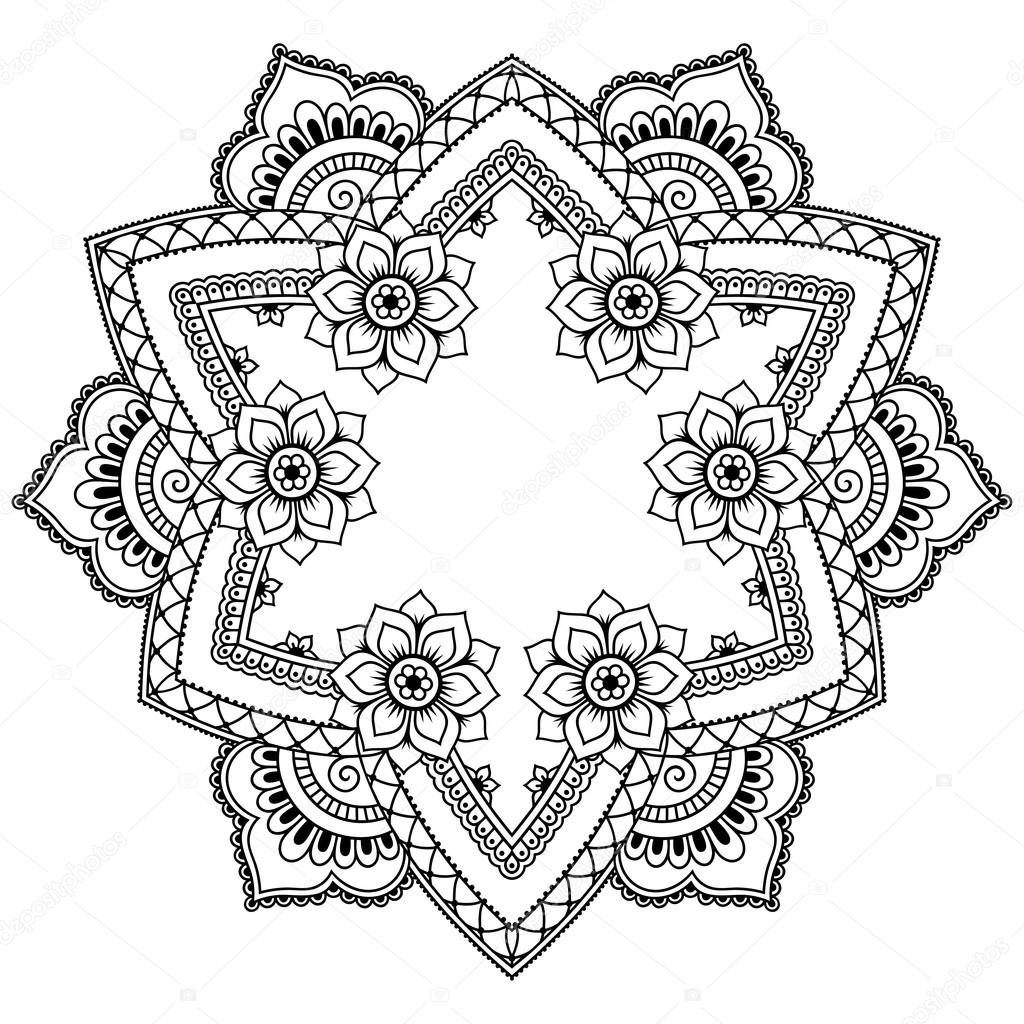Henna tattoo mandala in mehndi style. Pattern for coloring book. Hand drawn vector illustration isolated on white background. Design element in Doodles style.