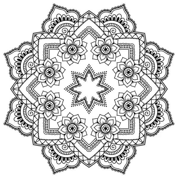 Mandala de tatuaje de henna en estilo mehndi. Patrón para colorear libro. Ilustración vectorial dibujada a mano aislada sobre fondo blanco. Elemento de diseño en estilo Doodles . — Vector de stock