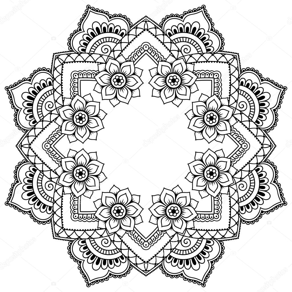 Henna tattoo mandala in mehndi style. Pattern for coloring book. Hand drawn vector illustration isolated on white background. Design element in Doodles style.