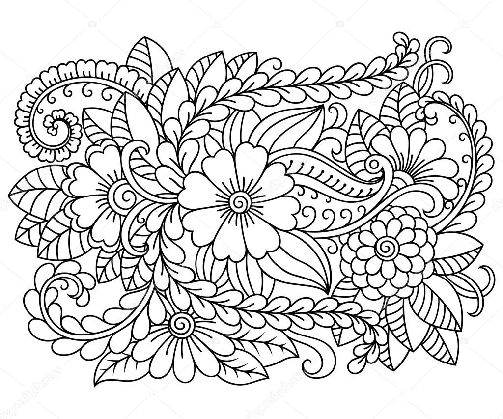 Doodle pattern in black and white. Floral pattern for coloring book.