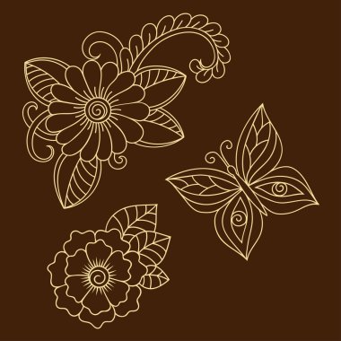 Kına dövme çiçek ve kelebek şablon. Mehndi tarzı. Oryantal tarzı süs desenleri.
