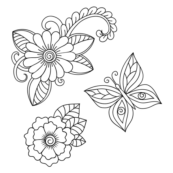 Henna tatuering blomma och fjäril mall. Mehndi stil. Uppsättning av dekorativa mönster i orientalisk stil. — Stock vektor