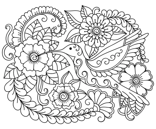 Doodle pattern in black and white. Floral pattern for coloring book. Floral and bird colibri - coloring book for children and adults. — Stock Vector