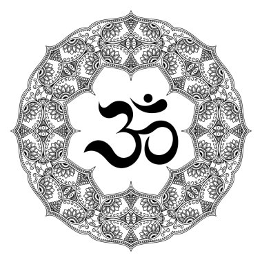 Dairesel bir desen bir mandala şeklinde. OM dekoratif sembolü. Mehndi tarzı. Dekoratif desen oryantal tarzı. Hint tarzı kına dövme deseni.