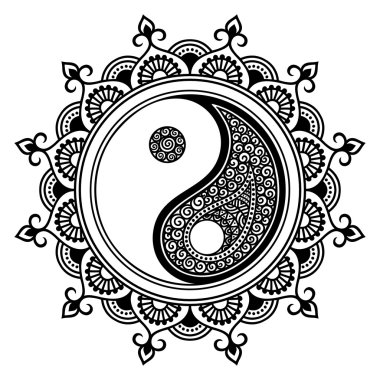 Dairesel bir desen bir mandala şeklinde. Yin-yang dekoratif sembolü. Eski işareti bir hormon. Mehndi tarzı. Dekoratif desen oryantal tarzı. Hint tarzı kına dövme deseni.