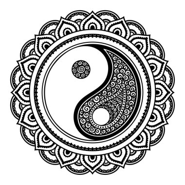 Dairesel bir desen bir mandala şeklinde. Yin-yang dekoratif sembolü. Eski işareti bir hormon. Mehndi tarzı. Dekoratif desen oryantal tarzı. Hint tarzı kına dövme deseni.