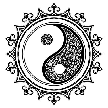 Dairesel bir desen bir mandala şeklinde. Yin-yang dekoratif sembolü. Eski işareti bir hormon. Mehndi tarzı. Dekoratif desen oryantal tarzı. Hint tarzı kına dövme deseni.
