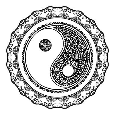 Dairesel bir desen bir mandala şeklinde. Yin-yang dekoratif sembolü. Eski işareti bir hormon. Mehndi tarzı. Dekoratif desen oryantal tarzı. Hint tarzı kına dövme deseni.