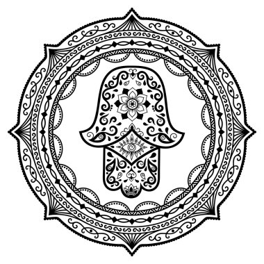 Hamza mandala çizilmiş simge ver. Mehndi tarzı. Dekoratif desen oryantal tarzı. Kına dövmeler ve dekoratif tasarım dokümanları ve binaları için.