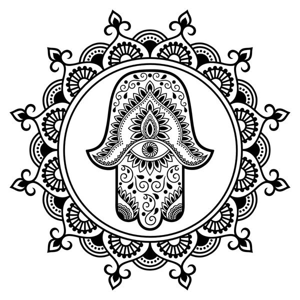 Hamsa hand drawn symbol in mandala. Mehndi style.Decorative pattern in oriental style. For henna tattoos, and decorative design documents and premises. — Stock Vector