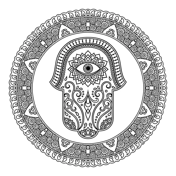 Hamsa simbol desenat manual în mandala. Mehndi stil. Modelul decorativ în stil oriental. Pentru tatuaje henna și documente și spații de design decorative . — Vector de stoc