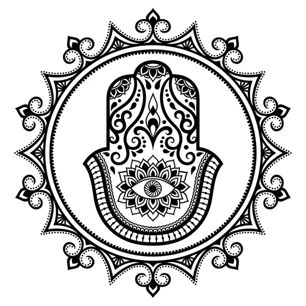 Hamsa hand drawn symbol in mandala. Mehndi style.Decorative pattern in oriental style. For henna tattoos, and decorative design documents and premises. — Stock Vector