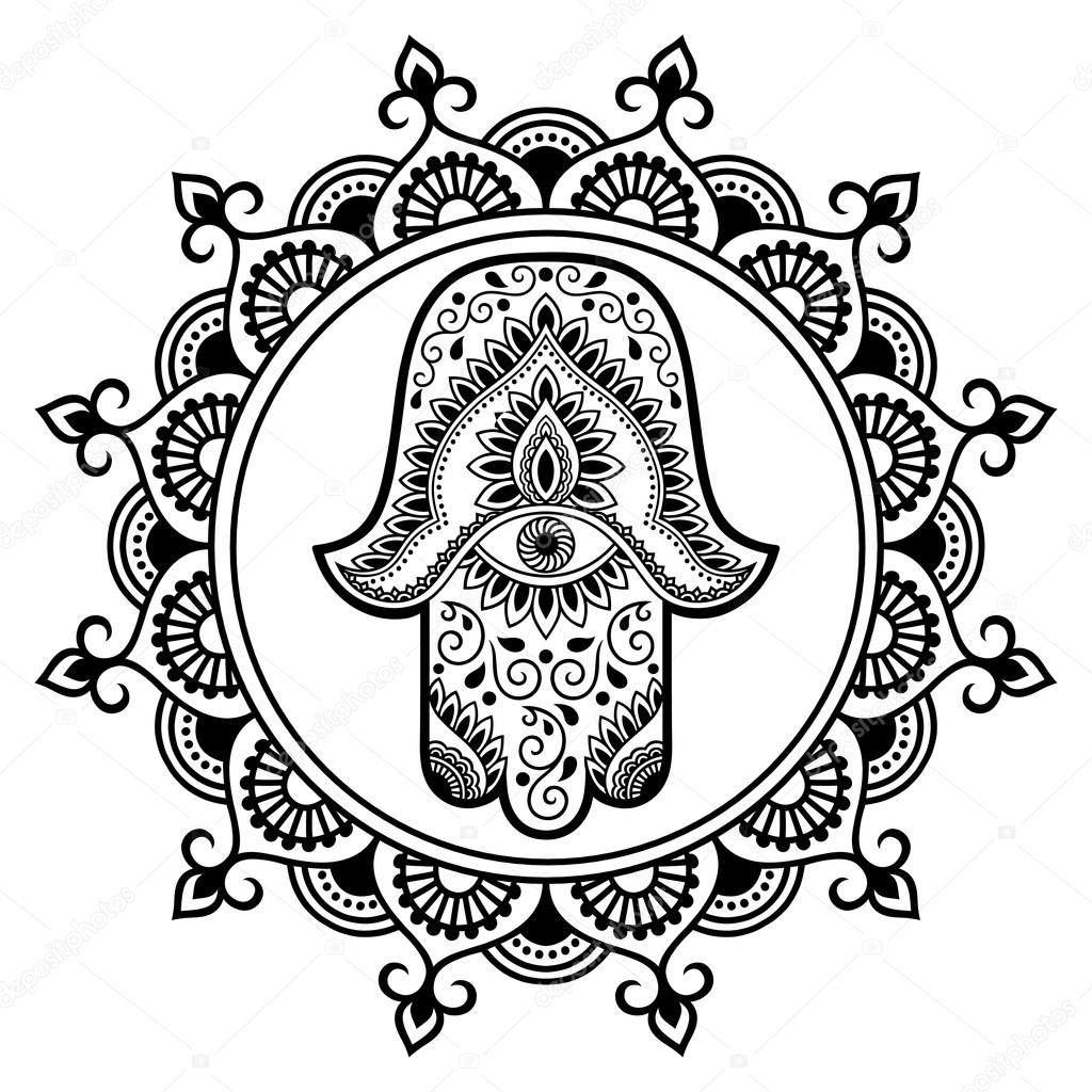 Hamsa hand ritade symbol i mandala. Mehndi stil. Dekorativa mönster i