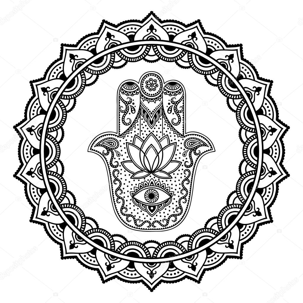 Hamsa hand drawn symbol in mandala. Mehndi style.Decorative pattern in oriental style. For henna tattoos, and decorative design documents and premises.