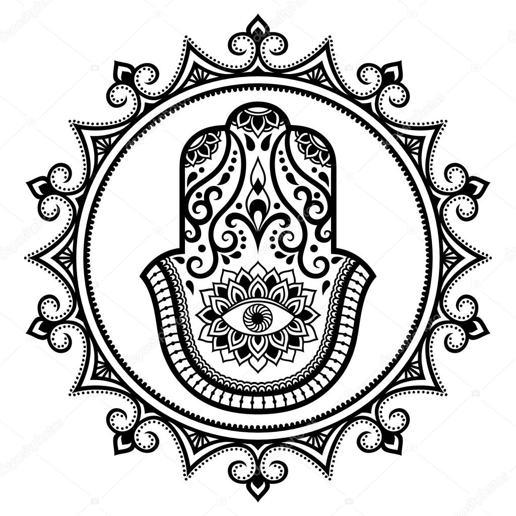 Hamsa hand drawn symbol in mandala. Mehndi style.Decorative pattern in oriental style. For henna tattoos, and decorative design documents and premises.