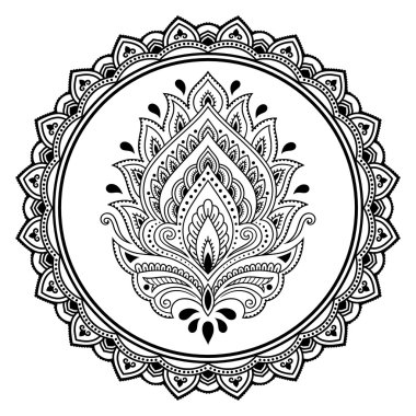 Dairesel bir desen bir mandala şeklinde. Hint tarzı kına dövme çiçek şablonu. Etnik çiçek paisley - Lotus. Mehndi tarzı. Oryantal tarzda dekoratif desen.