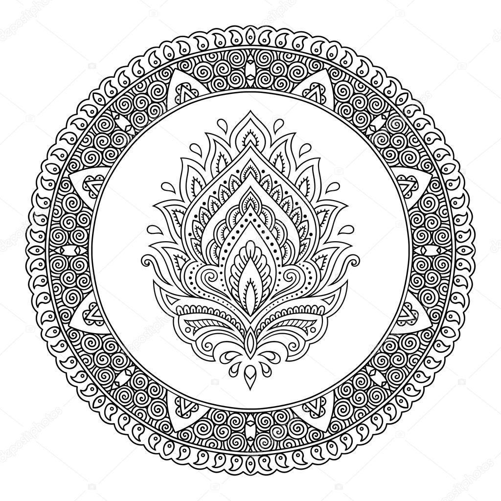 A circular pattern in the form of a mandala.Henna tattoo flower template in Indian style. Ethnic  floral paisley - Lotus. Mehndi style. Decorative pattern in oriental style.