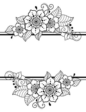 Mehndi çiçeği ve kına çizimi ve dövme için sınır deseni. Hint tarzında dekoratif Doodle süsü. Bir düğün için tebrik kartı tasarımı, posterler..