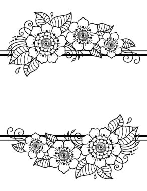 Mehndi çiçeği ve kına çizimi ve dövme için sınır deseni. Hint tarzında dekoratif Doodle süsü. Bir düğün için tebrik kartı tasarımı, posterler..
