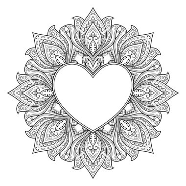Mandala şeklinde dairesel desen, kalp şeklinde çerçeve. Etnik doğulu mehndi tarzında dekoratif süs. Taslak çizim el çizimi vektör çizimi. Stres karşıtı boyama kitabı sayfası.
