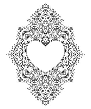 Mandala şeklinde dairesel desen, kalp şeklinde çerçeve. Etnik doğulu mehndi tarzında dekoratif süs. Taslak çizim el çizimi vektör çizimi. Stres karşıtı boyama kitabı sayfası.