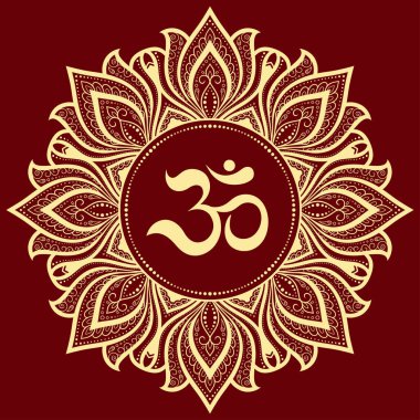 Mandala şeklinde dairesel desen. Kına, Mehndi, dövme, süsleme için. Doğu tarzında dekoratif süs, eski Hindu mantra OM ile. Çizgi karalama vektörü çizimi.