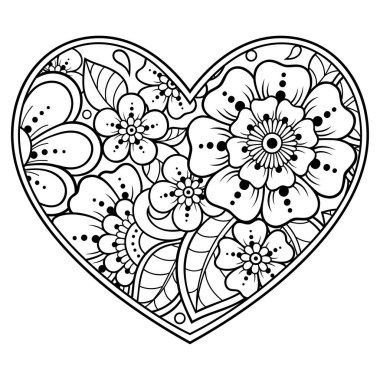 Kına çizimi ve dövme için kalp şeklinde Mehndi çiçek deseni. Etnik doğuya özgü dekorasyon, Hint tarzı. Sevgililer Günü selamları. Boyama kitabı sayfası.