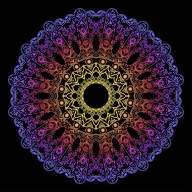 Renkli dairesel desen, mandala şeklinde, çiçek desenli, desenli. Etnik doğu tarzında dekoratif süs. Siyah arkaplanda gökkuşağı tasarımı.