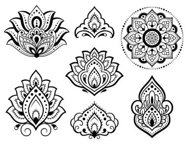 Mehndi çiçek desenleri ve kına çizimi ve dövme için mandala. Etnik doğuya özgü dekorasyon, Hint tarzı. Karalama süsü. El çizimi vektör illüstrasyonu.