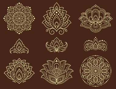 Mehndi çiçek desenleri ve kına çizimi ve dövme için mandala. Etnik doğuya özgü dekorasyon, Hint tarzı. Karalama süsü. El çizimi vektör illüstrasyonu.
