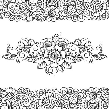 Mehndi çiçek desenleri ve kına çizimi ve dövme için mandala. Etnik doğuya özgü dekorasyon, Hint tarzı. Karalama süsü. El çizimi vektör illüstrasyonu.