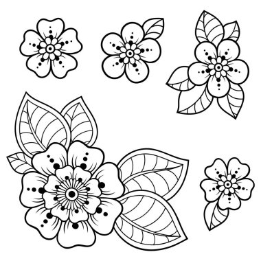 Mehndi çiçek desenleri ve kına çizimi ve dövme için mandala. Etnik doğuya özgü dekorasyon, Hint tarzı. Karalama süsü. El çizimi vektör illüstrasyonu.