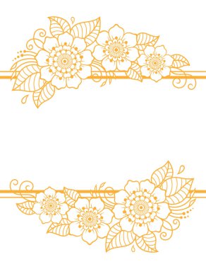 Mehndi çiçeği ve kına çizimi ve dövme için sınır deseni. Hint tarzında dekoratif Doodle süsü. Bir düğün için tebrik kartı tasarımı, posterler..