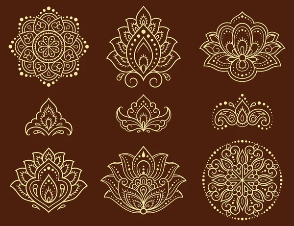 Set Motivo Floreale Mehndi Mandala Disegno Tatuaggio Hennè Decorazione Stile — Vettoriale Stock