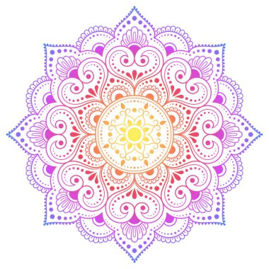 Kına, Mehndi, dövme ve dekorasyon için çiçekli dairesel desen. Etnik doğu tarzında dekoratif süs. Beyaz arkaplanda gökkuşağı tasarımı.