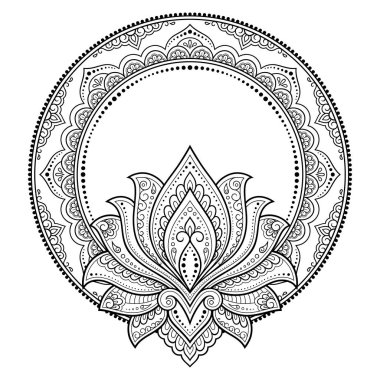 Doğu geleneğinde çerçeve. Kınalı dövmeler, defter, tabut, dergi, kartpostal ve klasör için dekoratif desenler. Mehndi tarzında nilüfer çiçeği mandala.