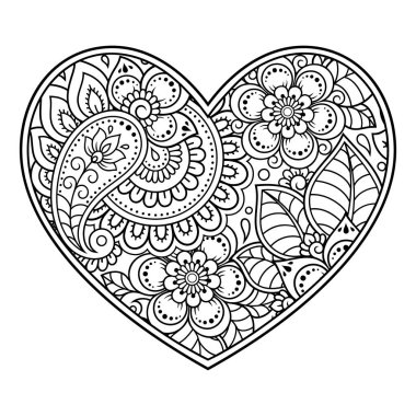 Kına çizimi ve dövme için kalp şeklinde Mehndi çiçek deseni. Etnik doğuya özgü dekorasyon, Hint tarzı. Sevgililer Günü selamları. Boyama kitabı sayfası.