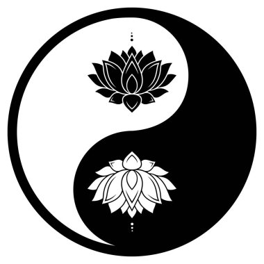 Henna, Mehndi, dövme, dekorasyon için mandala şeklinde dairesel desen. Yin-yang sembolü ve nilüfer çiçeğiyle etnik doğu tarzında dekoratif süs. Çizgi karalama vektörü çizimi.