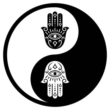 Henna, Mehndi, dövme, dekorasyon için mandala şeklinde dairesel desen. Etnik doğu tarzında dekoratif süslemeler, Yin-yang sembolü ve Hamsa. Çizgi karalama vektörü çizimi.